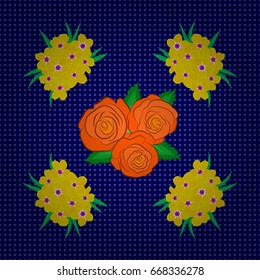 Seamless background pattern with decorative rose flowers and green leaves on a blue background. Vector illustration.