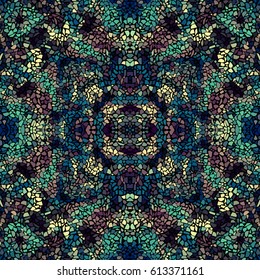 Seamless background pattern. Decorative symmetric mosaic pattern on black background.