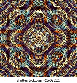 Seamless background pattern. Decorative symmetric mosaic pattern on black background.