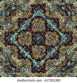 Seamless background pattern. Decorative symmetric mosaic pattern on black background.