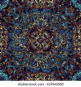 Seamless background pattern. Decorative symmetric mosaic pattern on black background.