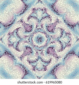 Seamless background pattern. Decorative symmetric mosaic pattern on light gray background.