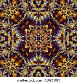 Seamless background pattern. Decorative symmetric mosaic pattern on black background.