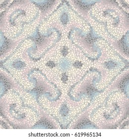 Seamless background pattern. Decorative symmetric mosaic pattern on light gray background.