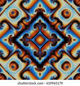 Seamless background pattern. Decorative symmetric mosaic pattern on black background.