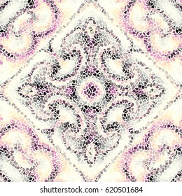 Seamless background pattern. Decorative symmetric mosaic pattern on light gray background.