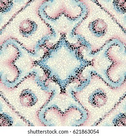 Seamless background pattern. Decorative symmetric mosaic pattern on light gray background.
