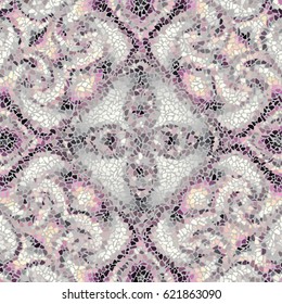 Seamless background pattern. Decorative symmetric mosaic pattern on light gray background.