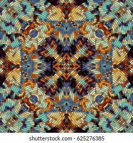 Seamless background pattern. Decorative symmetric mosaic pattern on black background.