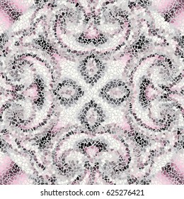 Seamless background pattern. Decorative symmetric mosaic pattern on light gray background.