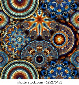 Seamless background pattern. Decorative symmetric mosaic pattern on black background.
