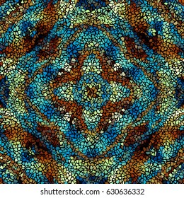 Seamless background pattern. Decorative symmetric mosaic pattern on black background.