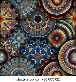Seamless background pattern. Decorative symmetric mosaic pattern on black background.