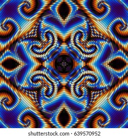 Seamless background pattern. Decorative symmetric mosaic pattern on black background.