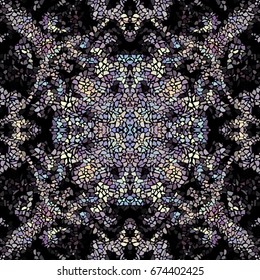 Seamless background pattern. Decorative symmetric mosaic pattern on a black background.