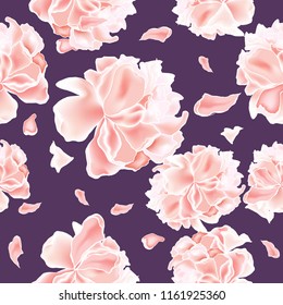 Seamless background pattern of delicate pink rose blossom or flowering cherry symbolic of Spring on a dark blue background. vector. wrapping paper, printing on fabric