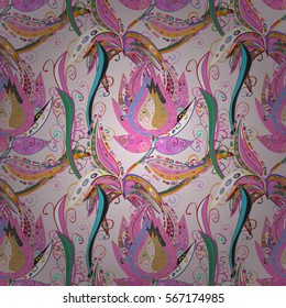 Seamless background pattern of delicate pink blossom flowers cherry symbolic of Spring in a random arrangement on a white background. Watercolor imitation. Radial gradient shape.