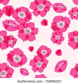 Seamless background pattern of delicate pink floral blossom or soft flowering symbolic of Spring in a random arrangement on a light pink background. hand drawing style.
