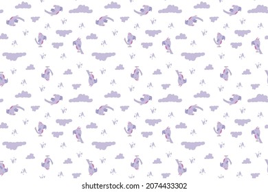 Seamless background pattern of delicate purple parrot on a light background with clouds and hearts elements. Vector hand drawn illustration. Creative for kids clothes, wrapping, textile, apparel.