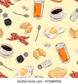 Seamless background with a pattern of delicious breakfast. Sweet croissant, hot black coffee, sugar cubes, a tea spoon, fried bacon, fresh orange juice, fried egg, toast,, salt and pepper.