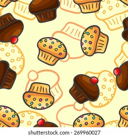 Seamless background with a pattern of delicious chocolate cake with cherries and cupcakes with candy