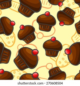 Seamless background with a pattern of delicious chocolate cake with cherries