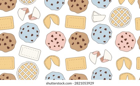 Seamless background pattern of delicious chocolate chip cookies, square biscuits, small pies, and fortune cookies.
