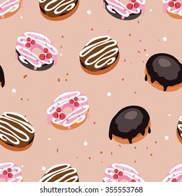 Seamless background pattern Delicious dessert Donuts with glaze and sprinkles