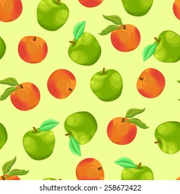 Seamless background with a pattern of delicious fresh ripe orange peach and green apple with leaves