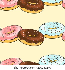 Seamless background with a pattern of delicious fresh donuts with chocolate, strawberry and vanilla frosting