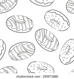 Seamless background with a pattern of delicious fresh donuts with frosting