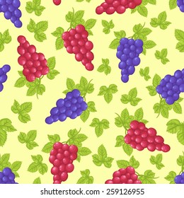 Seamless background with a pattern of delicious juicy red and purple clusters of grapes with green leaves