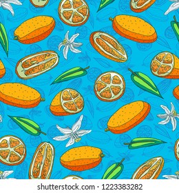 Seamless background with a pattern of delicious organic orange kumquat. Slices with peel and seeds, half and whole kumquat. Fragrant white flowers. Green leaves