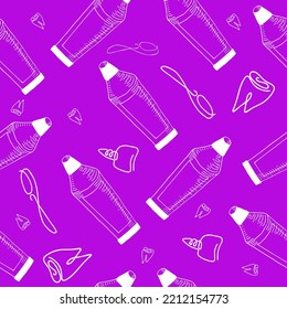 Seamless background, pattern with dental elements, toothbrush, toothpaste, tooth, prosthesis and decor.