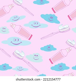 Seamless background, pattern with dental elements, toothbrush, toothpaste, tooth, prosthesis and decor.