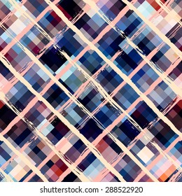 Seamless background pattern. Diagonal brushed plaid on blue pixel background.