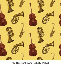 seamless background pattern with different wind and string musical instruments on theme of jazz music. Trumpets, saxophone and double bass. suitable for wallpaper, wrapping paper.