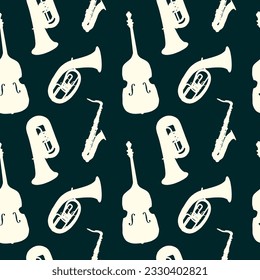 seamless background pattern with different wind and string musical instruments on theme of jazz music. Trumpets, saxophone and double bass. suitable for wallpaper, wrapping paper.