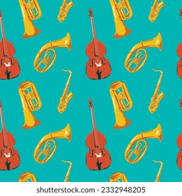 seamless background pattern with different wind and string musical instruments on theme of jazz music. Trumpets, saxophone and double bass. suitable for wallpaper, wrapping paper.