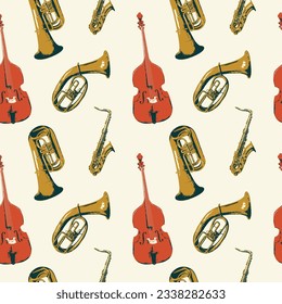 seamless background pattern with different wind and string musical instruments on theme of jazz music. Trumpets, saxophone and double bass. suitable for wallpaper, wrapping paper.