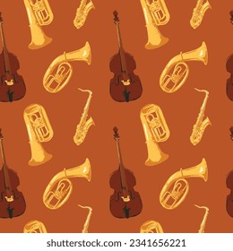 seamless background pattern with different wind and string musical instruments on theme of jazz music. Trumpets, saxophone and double bass. suitable for wallpaper, wrapping paper.