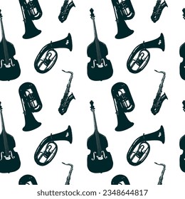 seamless background pattern with different wind and string musical instruments on theme of jazz music. Trumpets, saxophone and double bass. suitable for wallpaper, wrapping paper.