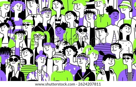 Seamless background, pattern of diverse female male heads. People. Diverse multiethnic group. Vector doodle illustration