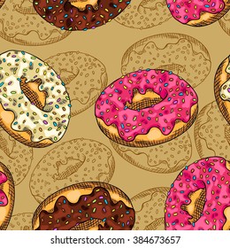 Seamless background with a pattern of donuts with chocolate, strawberry and vanilla frosting