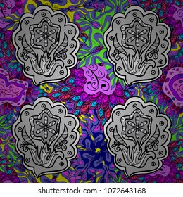 Seamless background pattern. Doodles on gray, black, violet, white and blue colors. Watercolor, hand drawn. Vector - stock.