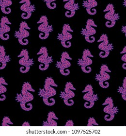 Seamless background pattern. Doodles on black, magenta and blue colors. Vector - stock. Watercolor, hand drawn.