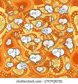 Seamless background pattern. Doodles on yellow, white and orange colors. Vector - stock. Watercolor, hand drawn.