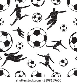 Seamless background pattern,
Drawing style football or soccer and people about raise their feet kick ball, Black and white pictures, Background and pattern, Football, Soccer, Kick soccer ball. 