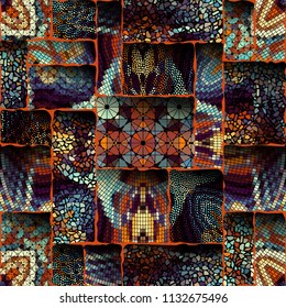 Seamless background pattern. Emboss mosaic art pattern based on Art Nouveau style. Vector image.