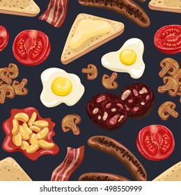 Seamless background with a pattern of English breakfast on plate. Blue background. Fried eggs, bacon, toast with butter, tomato, mushrooms, beans in tomato sauce, grilled sausages and blood pudding.